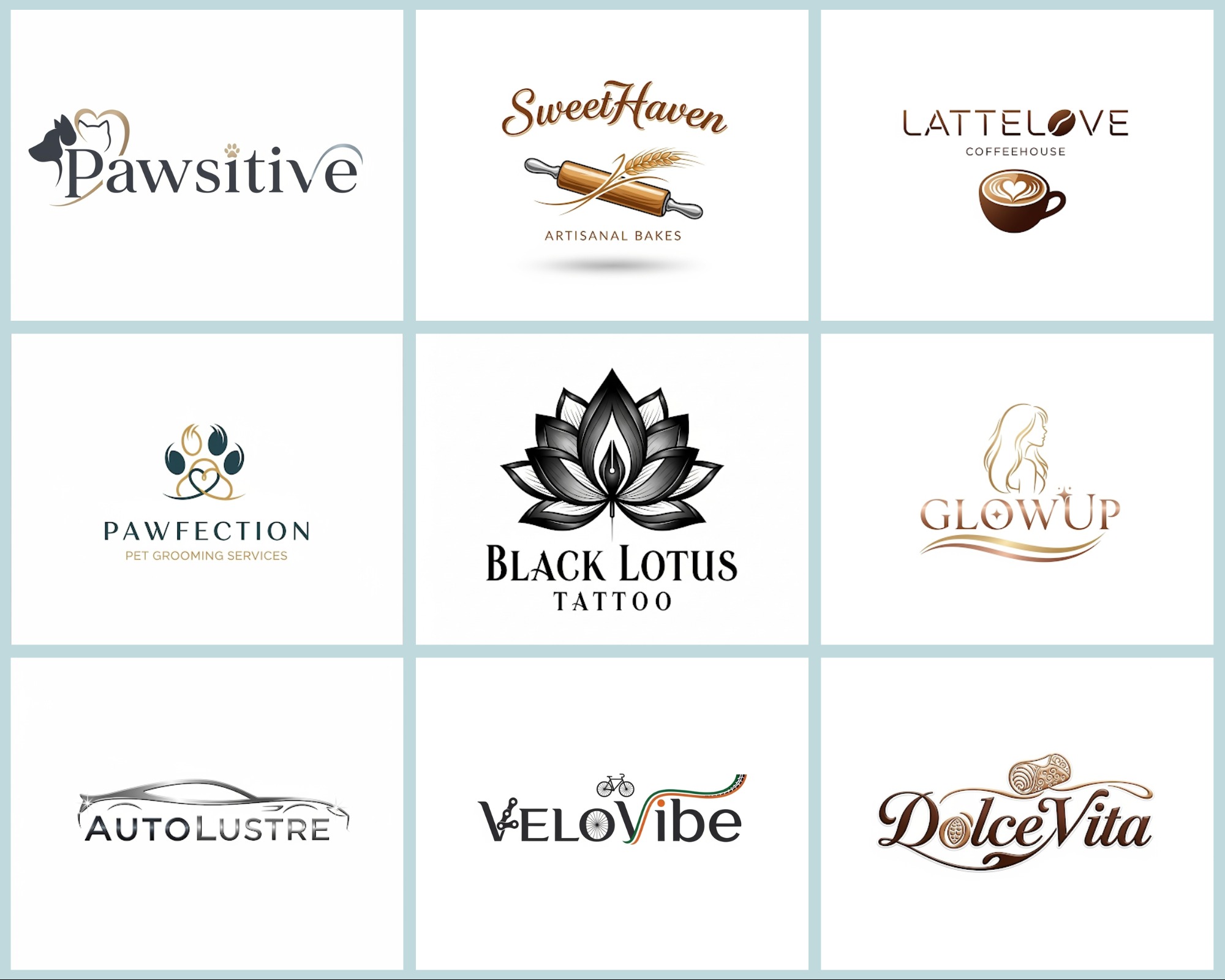 Kompilacja dziewięciu unikalnych, eleganckich logo dla różnych branż, takich jak: usługi dla zwierząt, piekarnia, kawiarnia, salon kosmetyczny, studio tatuażu, motoryzacja i turystyka.