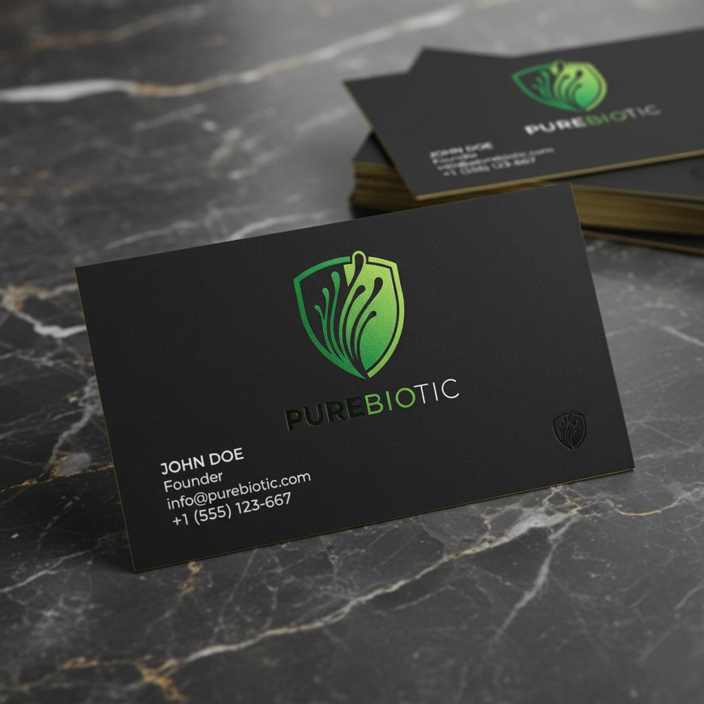 Elegancka, czarna wizytówka Purebiotic z zielonym logo na marmurowym tle. W tle stos wizytówek z subtelnym złotym brzegiem. Minimalistyczny design.