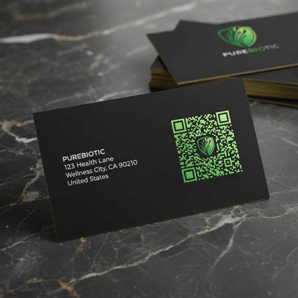 Czarna wizytówka z zielonym kodem QR i logo Purebiotic na marmurowym tle. Elegancki design, adres firmy i minimalistyczny styl.