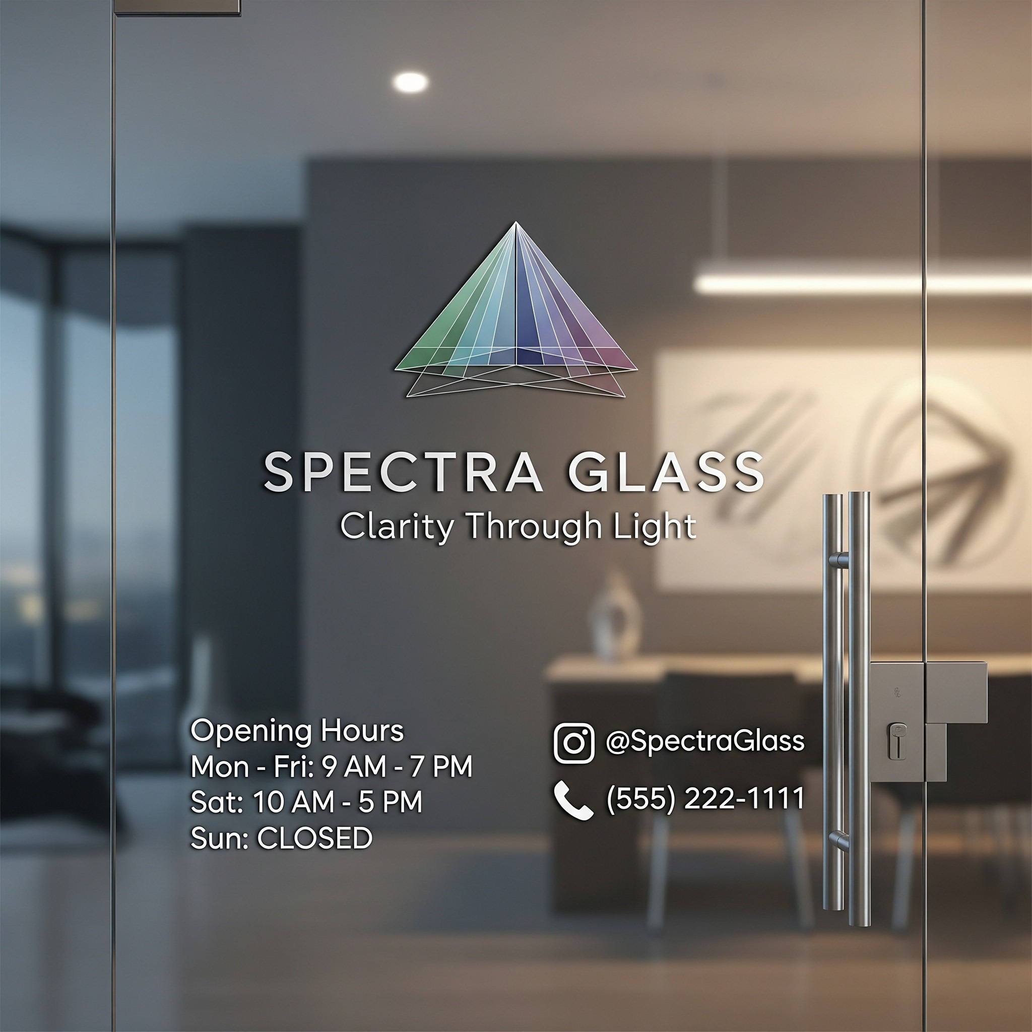 Szklane drzwi wejściowe z logo Spectra Glass, godzinami otwarcia i danymi kontaktowymi. Minimalistyczny design, stonowana kolorystyka, nowoczesne wykończenie.