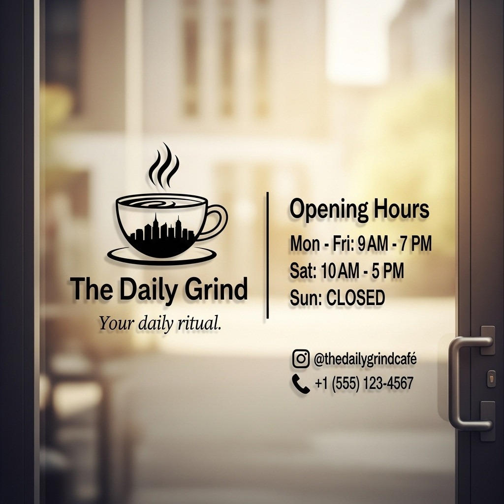 Naklejka na szklanych drzwiach kawiarni z logo filiżanki z panoramą miasta, napisem 'The Daily Grind', godzinami otwarcia i danymi kontaktowymi.