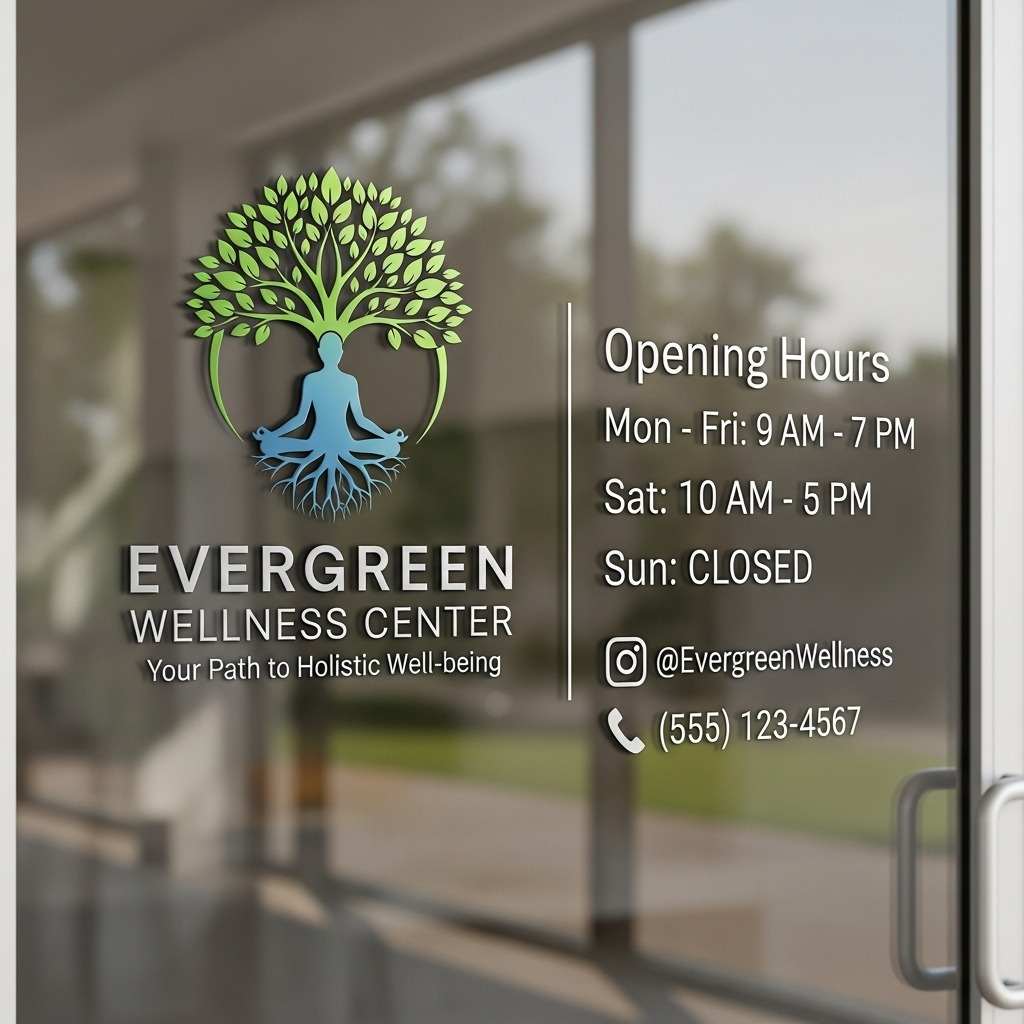 Naklejka na szklanych drzwiach z logo Evergreen Wellness Center, godzinami otwarcia i danymi kontaktowymi. Logo przedstawia drzewo z sylwetką osoby w pozycji lotosu.