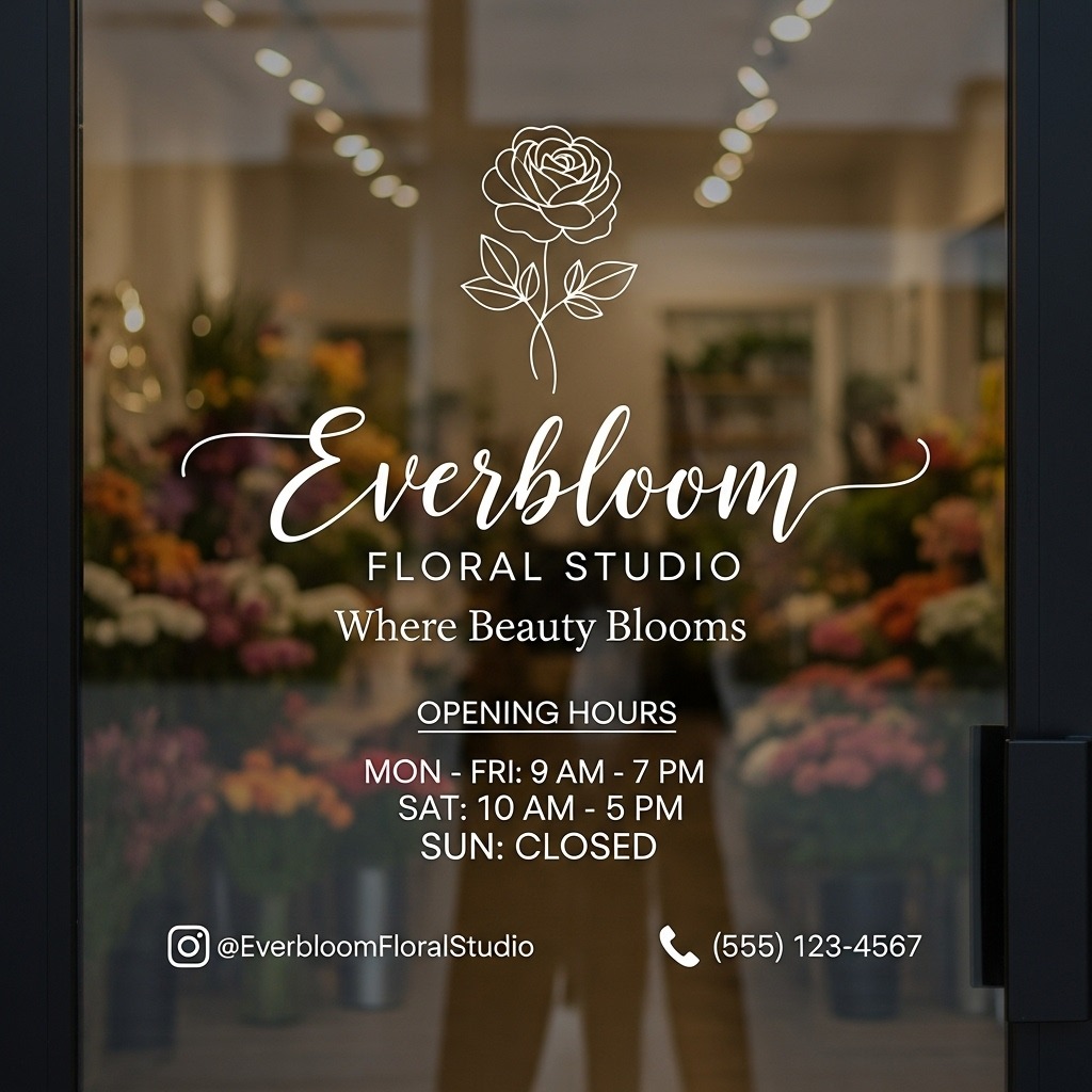 Elegancka naklejka na szklanych drzwiach kwiaciarni 'Everbloom' z grafiką róży, godzinami otwarcia i danymi kontaktowymi. W tle widoczne kwiaty.