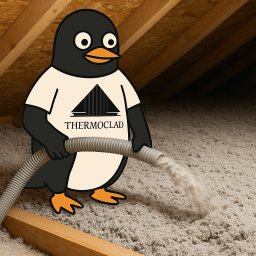 Thermoclad - Kreskówkowy pingwin z logo Thermoclad aplikuje izolację z węża na poddaszu. Ujęcie z dołu ukazuje drewnianą konstrukcję dachu.