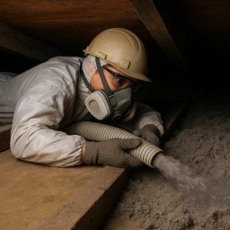 Thermoclad - Pracownik w kombinezonie i masce rozpyla izolację z węża w przestrzeni poddasza, widoczne drewniane elementy konstrukcji dachu.