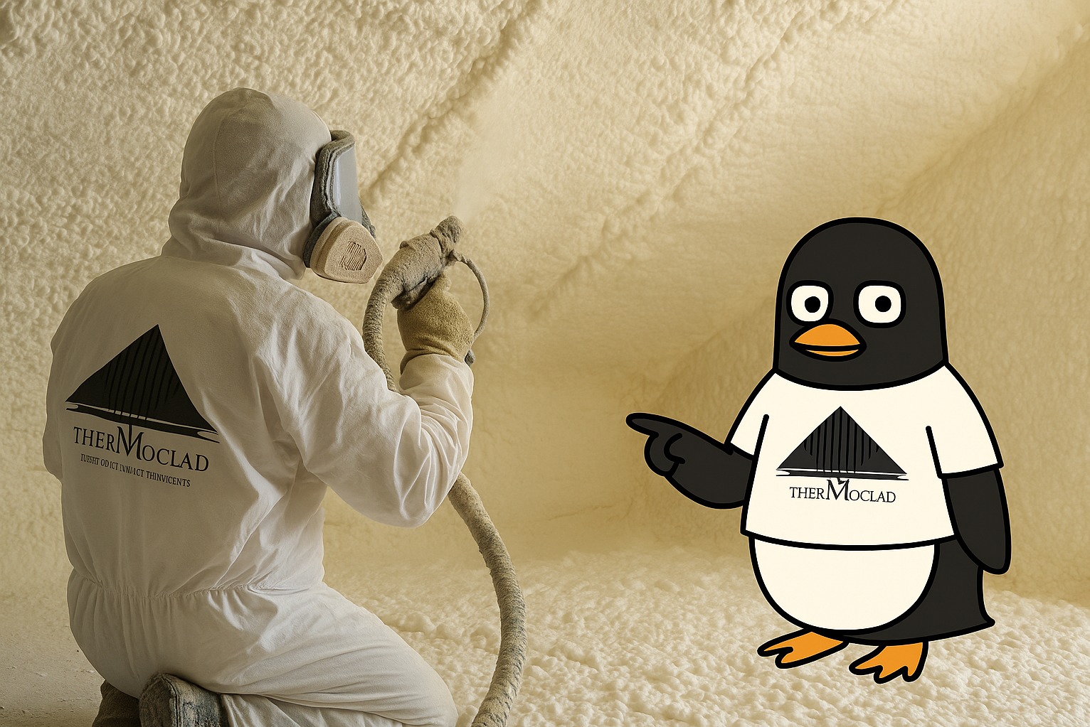 Pracownik w kombinezonie spryskuje pianą PUR ścianę, obok pingwin w koszulce z logo firmy. Nietypowe ujęcie procesu ocieplania pianką.