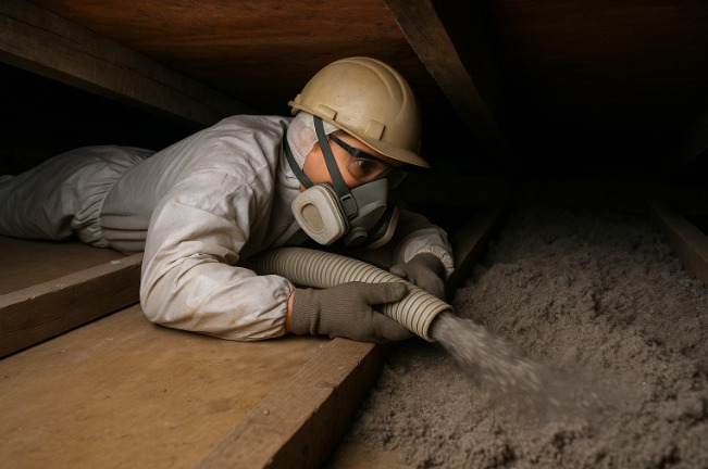 Pracownik w kombinezonie i masce rozpyla izolację z węża w przestrzeni poddasza, widoczne drewniane elementy konstrukcji dachu.