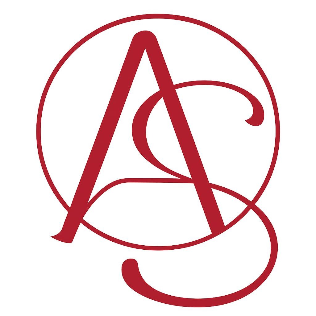 Elegancki, bordowy logotyp z literami A i S splecionymi w okręgu, na białym tle. Minimalistyczny design, charakterystyczny font.