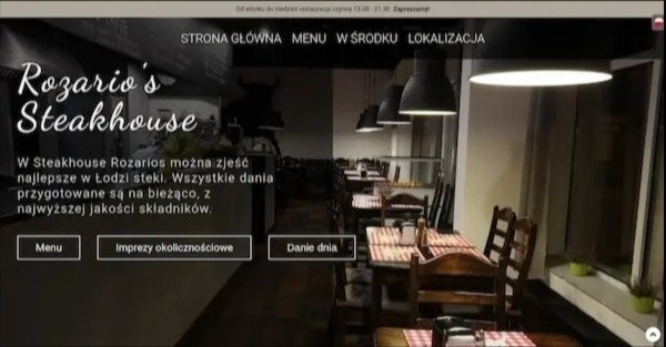 Strona internetowa restauracji Rosario's Steakhouse z widokiem na wnętrze, menu i informacje o lokalizacji. Ciemne, klimatyczne wnętrze z drewnianymi stołami i krzesłami.