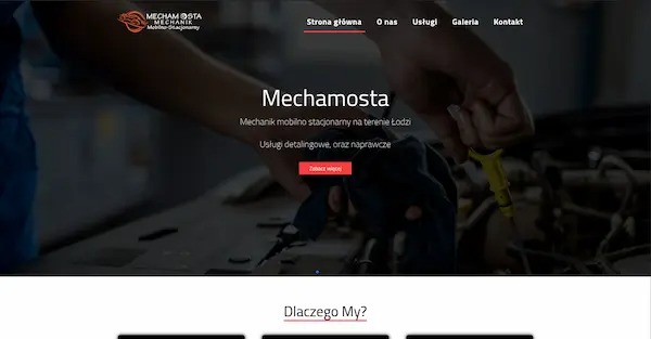 Zrzut ekranu strony internetowej Mechamosta z menu nawigacyjnym, tekstem o mechaniku mobilnym z Łodzi i zdjęciem dłoni nad silnikiem. Minimalistyczny design, czytelna typografia.