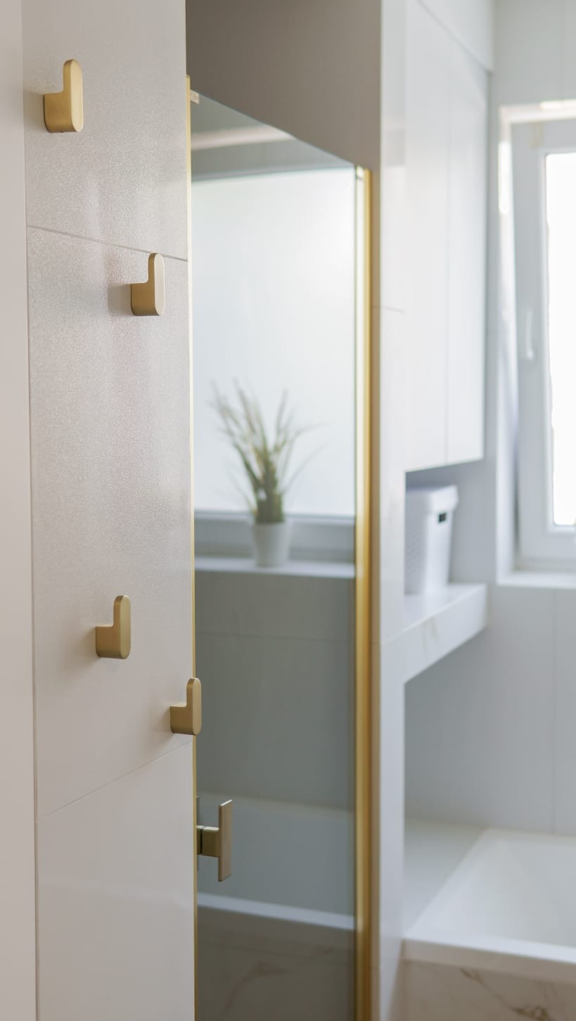 Minimalistyczna łazienka z białymi płytkami, złotymi haczykami na ścianie i kabiną prysznicową z subtelną, złotą ramą. Wnętrze doświetlone naturalnym światłem.