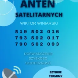 Grafika reklamowa: Ustawianie anten satelitarnych. Wiktor Winiarski, numery telefonów, doświadczenie, szybkość, skuteczność, szybkie terminy realizacji.