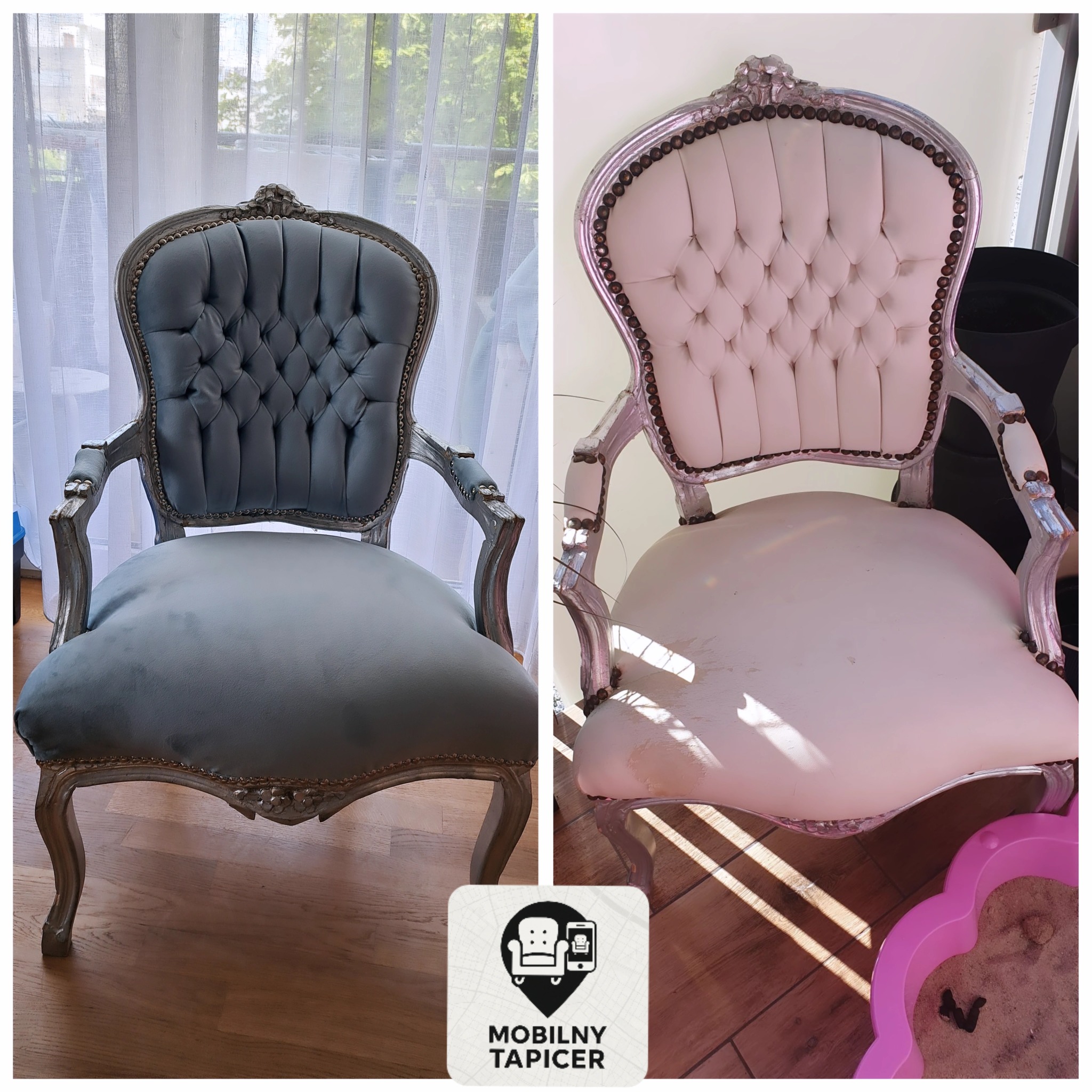 Krzesło w stylu Ludwika po renowacji tapicerskiej: po lewej w odcieniach szarości, po prawej w jasnym różu. Widoczne detale zdobień i efekt 'przed i po'.