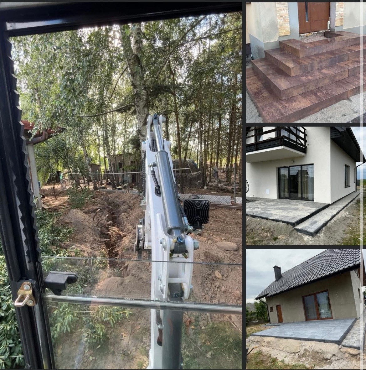 Mini koparka w akcji, widok z kabiny na wykop w lesie. W tle ułożone schody i taras z kostki brukowej przy domach.
