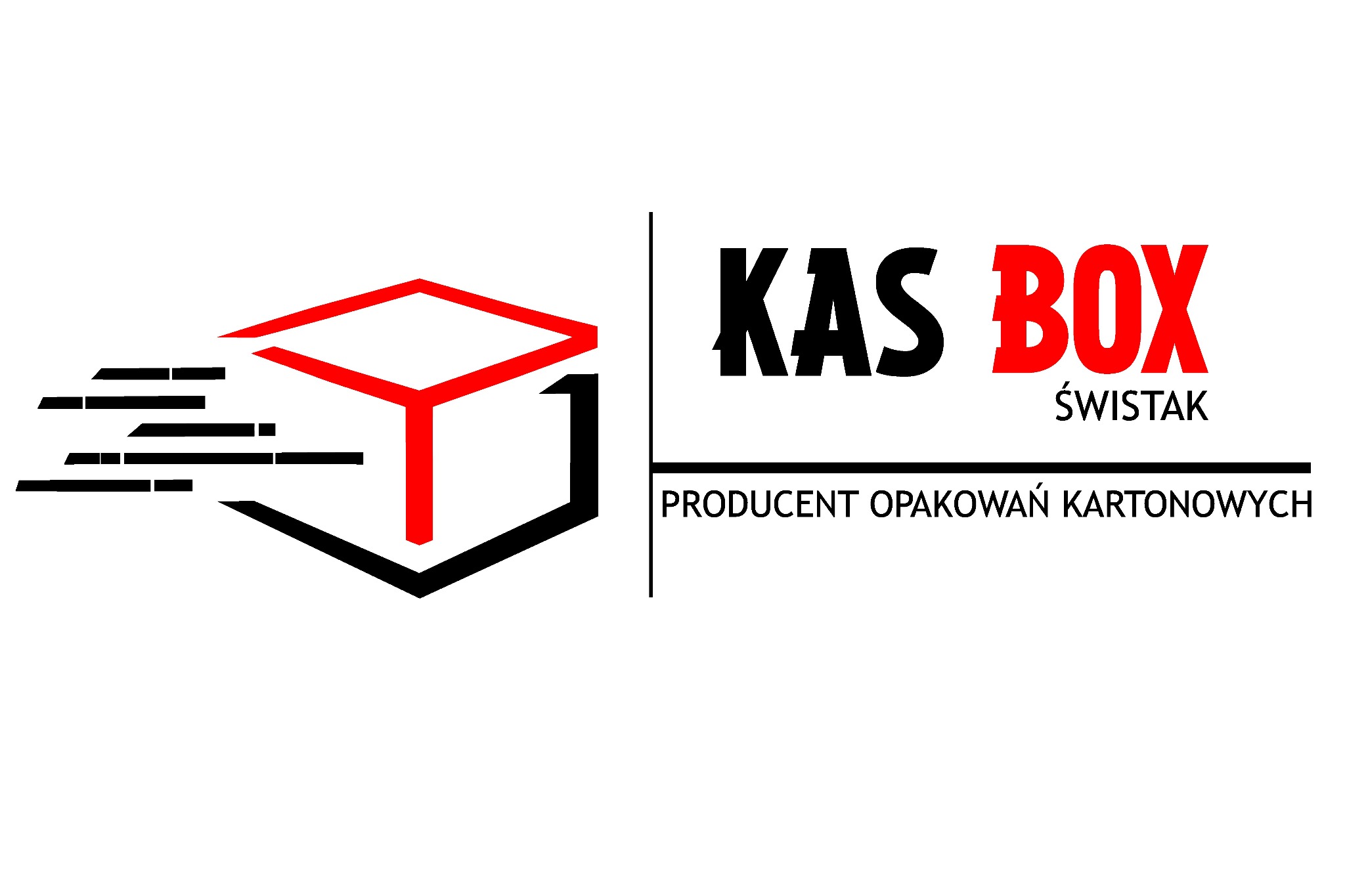 Logo firmy KAS BOX ŚWISTAK, producenta opakowań kartonowych. Grafika przedstawia stylizowany, geometryczny karton w kolorach czarnym i czerwonym.