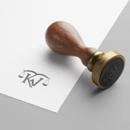 Stylowy stempel z drewnianą rączką i złotą podstawą, odbijający logo kancelarii prawnej na białej kartce papieru, leżącej na szarym tle. Minimalistyczny design.