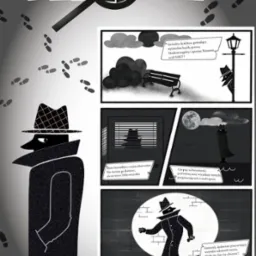 Ilustracja przedstawia planszę promującą fragment komiksu o detektywie.