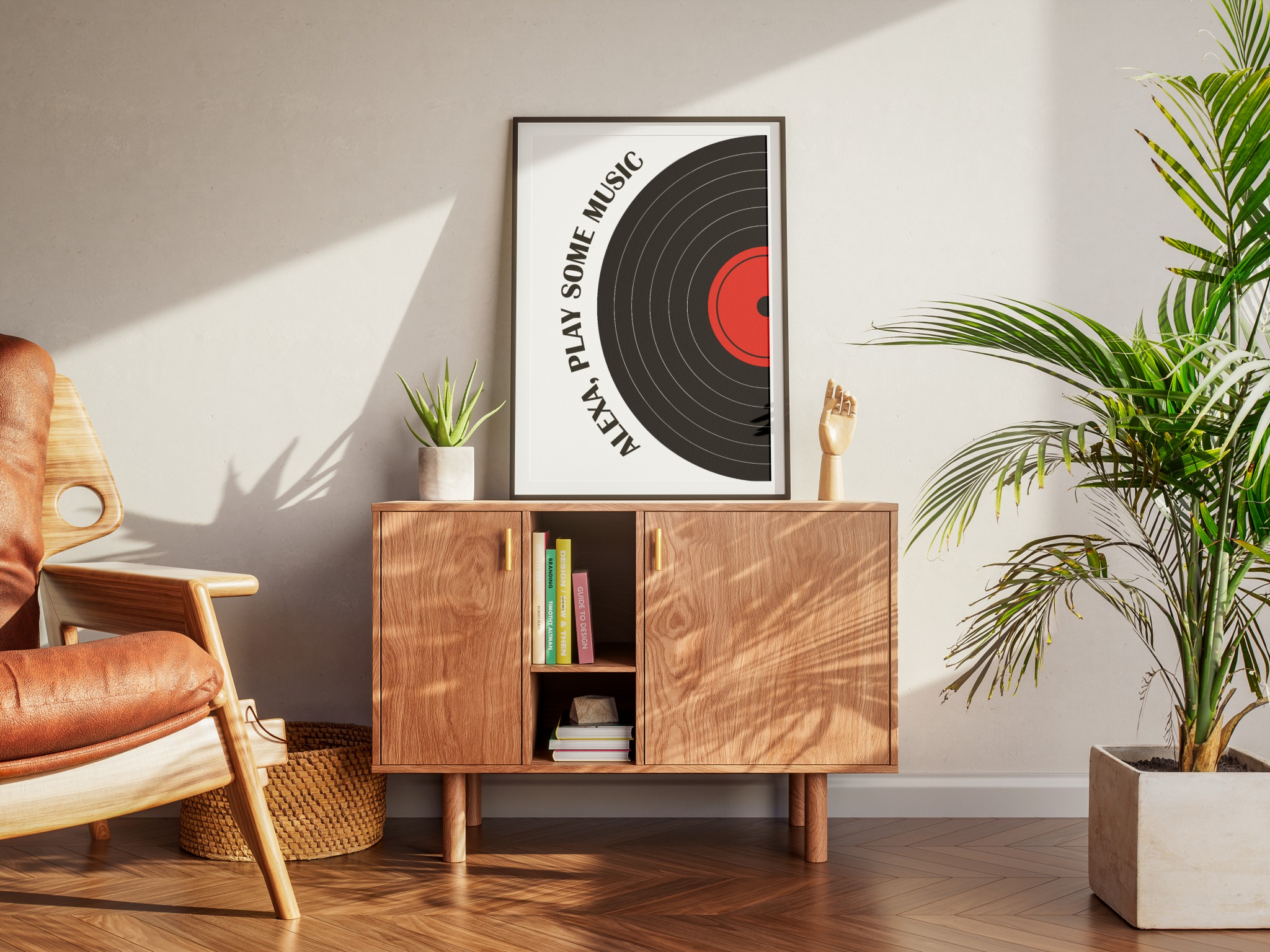 Plakat stanowi lekką formę wzbogacenia wnętrza i przedstawia płytę winylową w prostym, graficznym stylu.