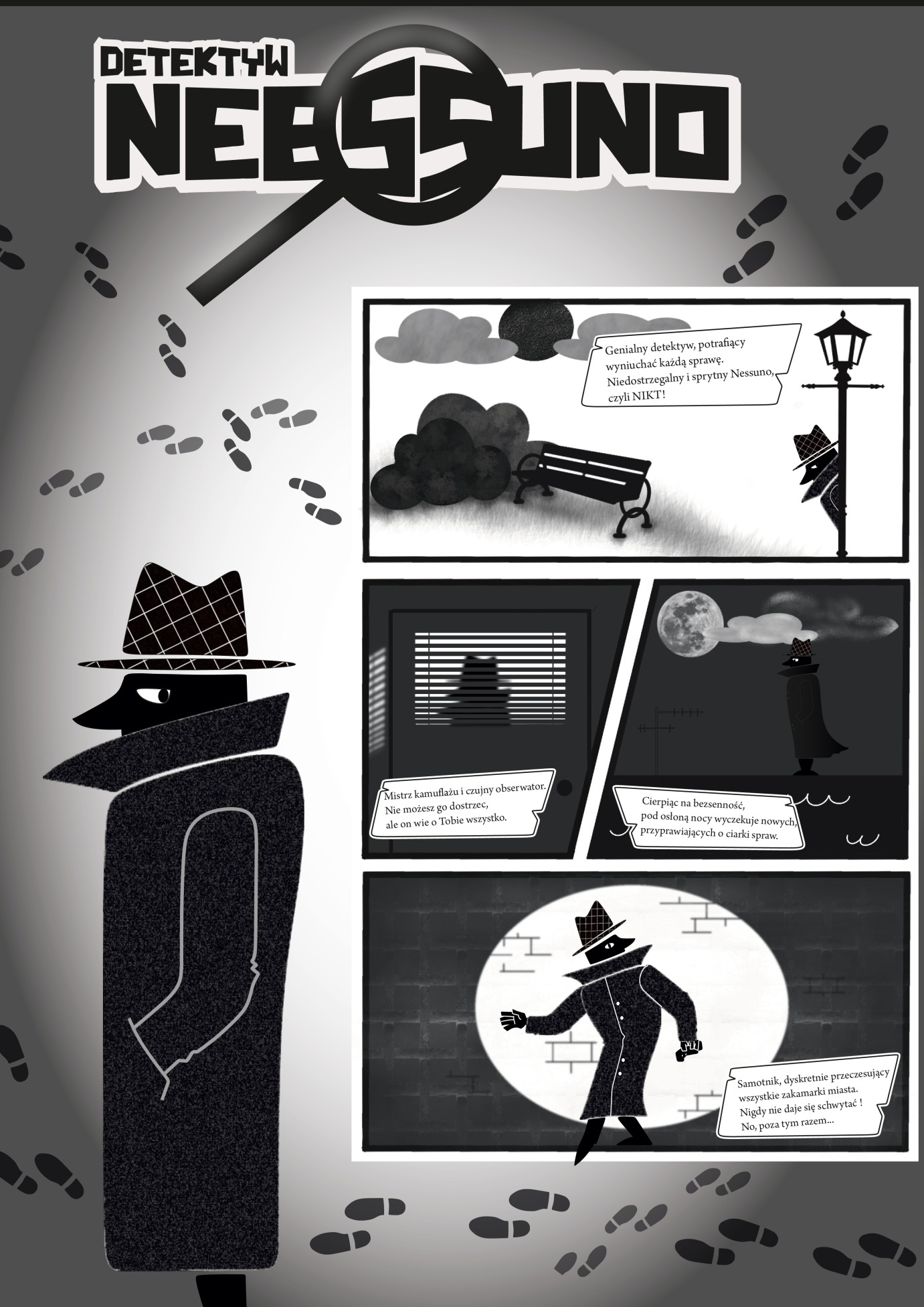 Ilustracja przedstawia planszę promującą fragment komiksu o detektywie.