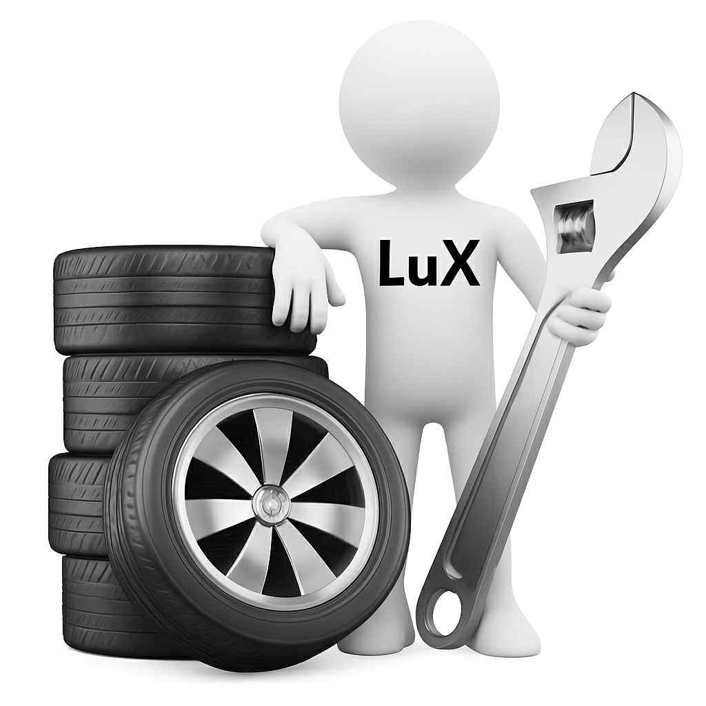 Animowana postać oparta o stos opon i trzyma klucz nastawny. Widoczny napis 'LuX'. Grafika w odcieniach szarości.
