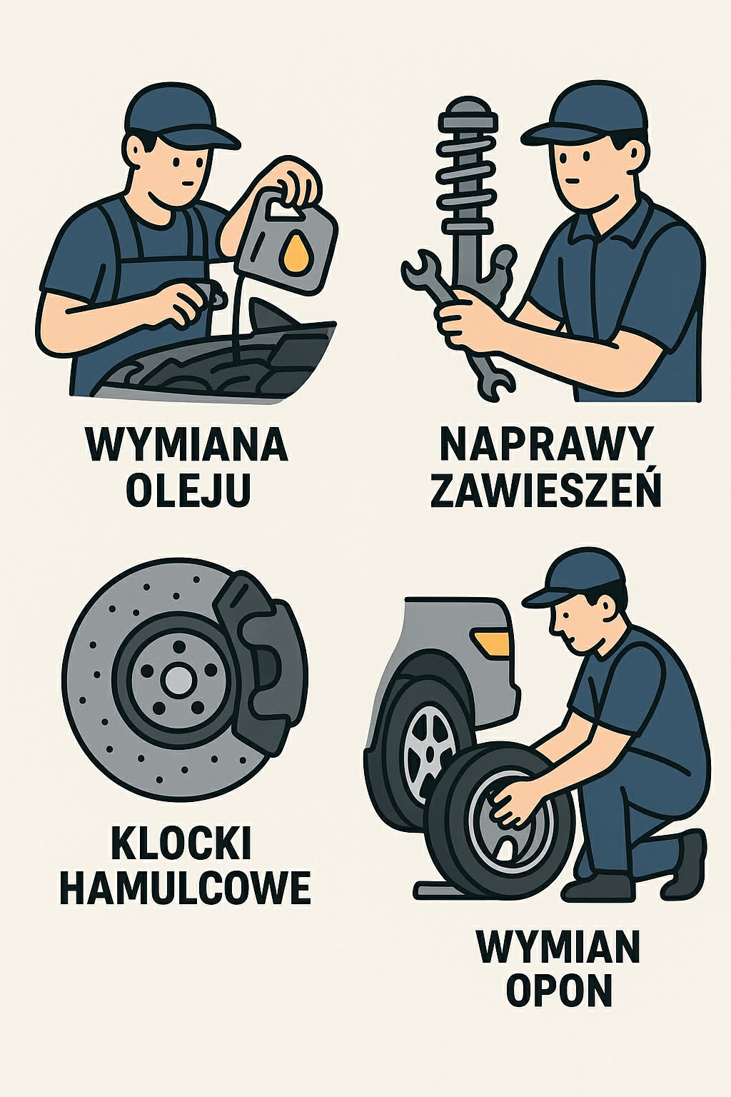 Ilustracja przedstawiająca cztery etapy naprawy samochodu: wymiana oleju, naprawa zawieszenia, klocki hamulcowe i wymiana opon. Grafika w stylu cartoon.