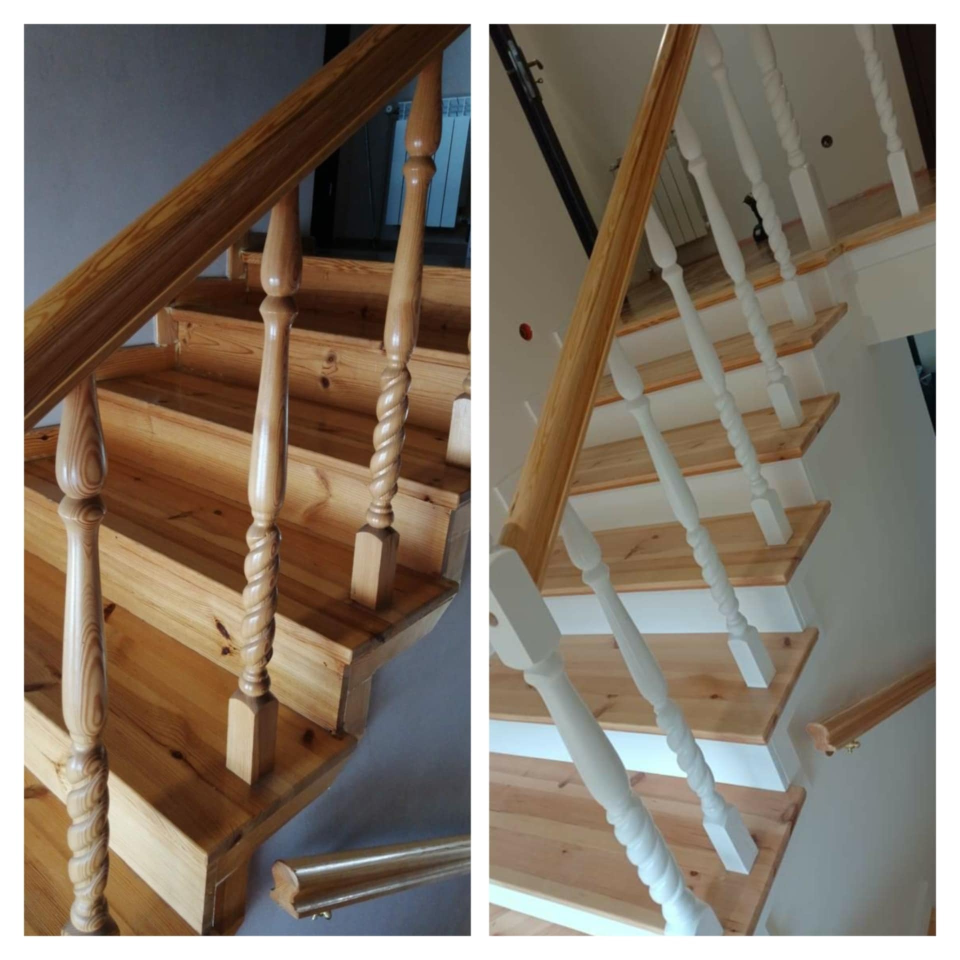 Drewniane schody z toczonymi balustradami, po lewej w naturalnym odcieniu drewna, po prawej pomalowane na biało. Widoczne detale wykończenia.