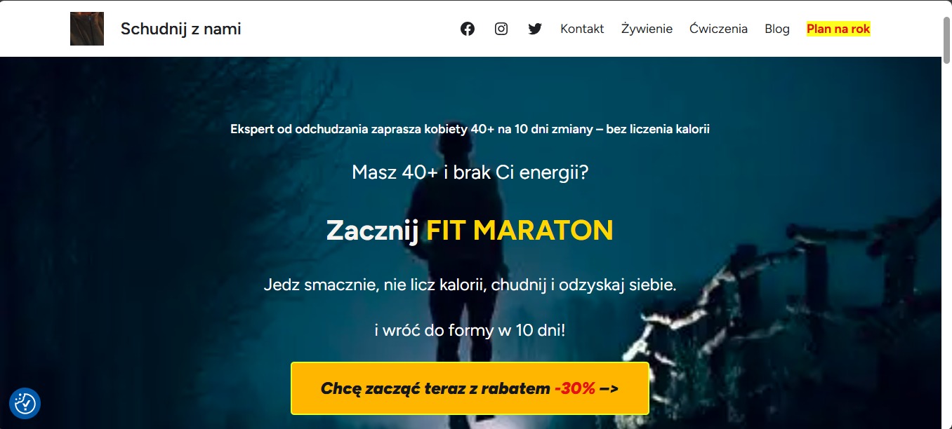 Strona internetowa 'Schudnij z nami' z ofertą 'Fit Maraton' dla kobiet 40+ z rabatem -30%. Ciemne tło i sylwetka osoby w centrum kadru, nowoczesny design.