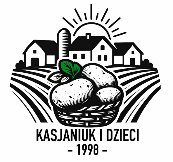 Czarno-białe logo z koszem ziemniaków, zielonymi liśćmi, budynkami farmy i słońcem. Napis 'KASJANIUK I DZIECI - 1998-' na dole.