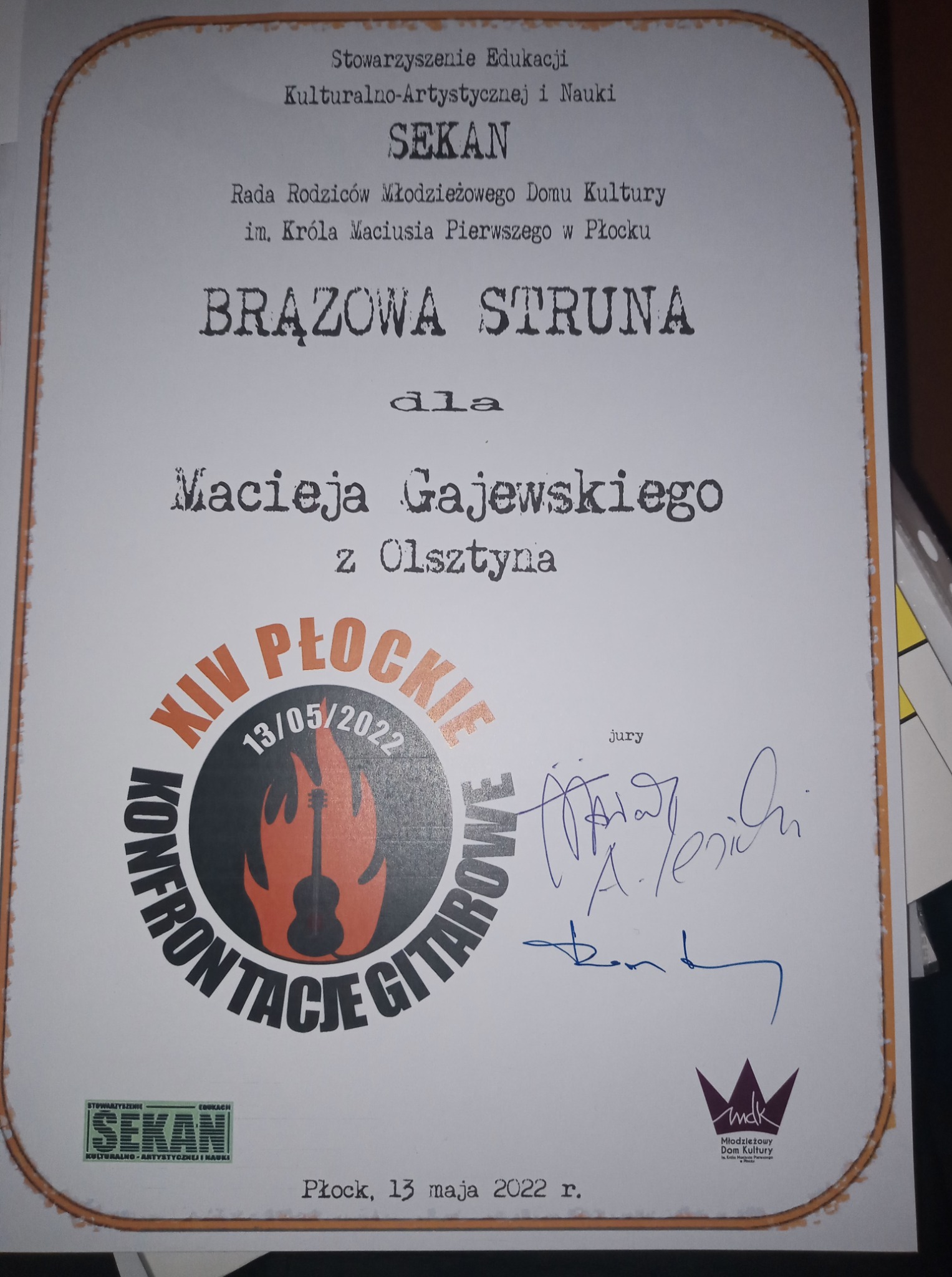 Brązowa Struna konkursu Płockie Konfrontacje Gitarowe