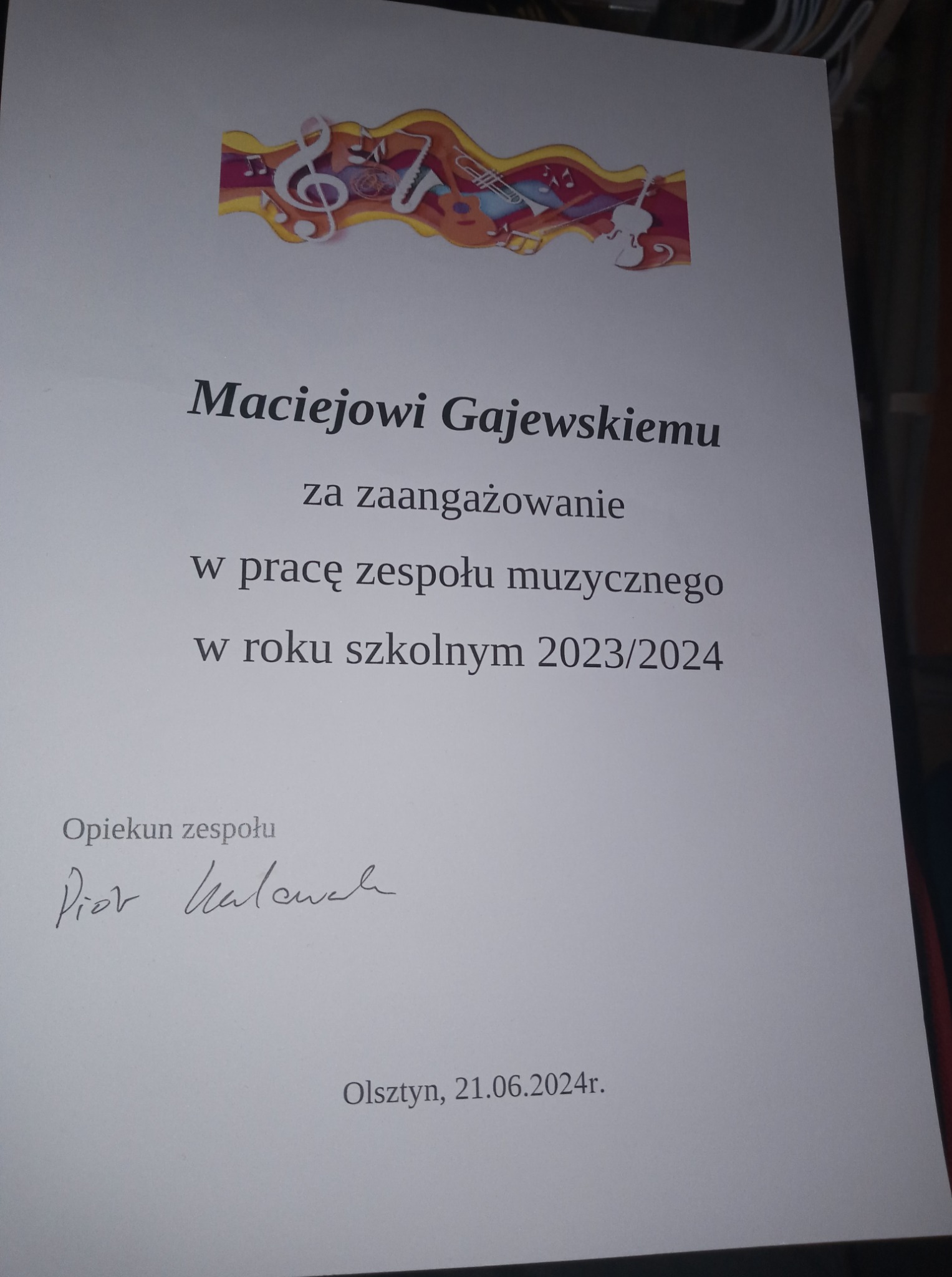 Dyplom za pracę przy szkolnym zespole muzycznym (opieka, realizacja koncertów)
