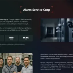 Strona internetowa Alarm Service Corp z kamerą CCTV, danymi o firmie i zespołem inżynierów. Nowoczesny design, ciemna kolorystyka, czytelne informacje.