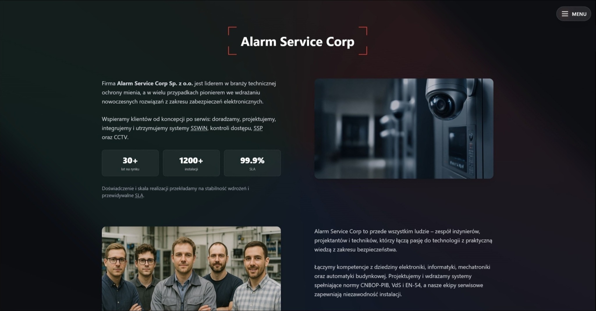 Strona internetowa Alarm Service Corp z kamerą CCTV, danymi o firmie i zespołem inżynierów. Nowoczesny design, ciemna kolorystyka, czytelne informacje.