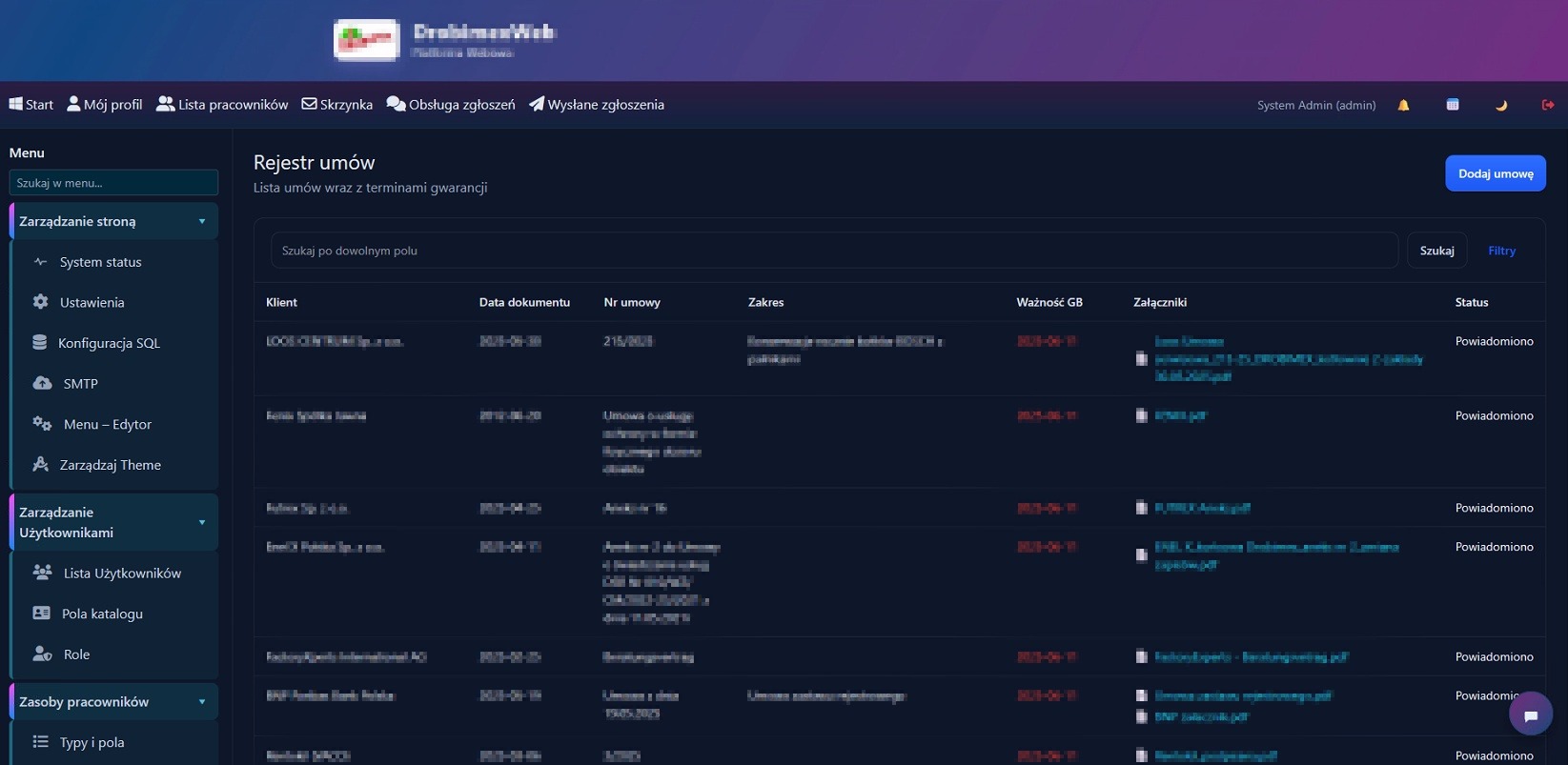 Panel administracyjny systemu CMS z listą umów. Widoczne menu boczne z opcjami zarządzania stroną i użytkownikami. Rejestr umów z datami, numerami i załącznikami.