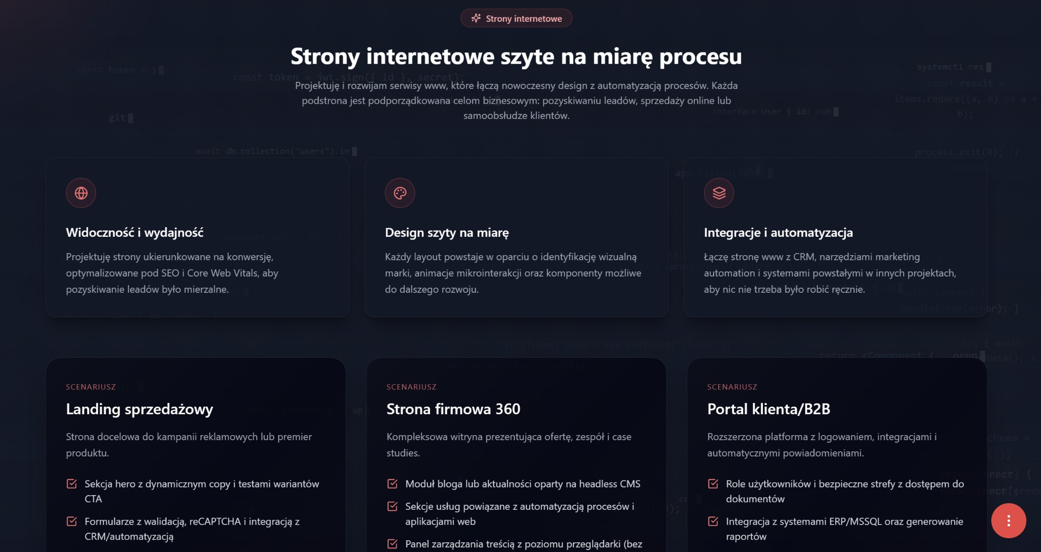 Prezentacja oferty tworzenia stron internetowych szytych na miarę, z opisem widoczności, designu, integracji i scenariuszy: landing sprzedażowy, strona firmowa 360, portal B2B.