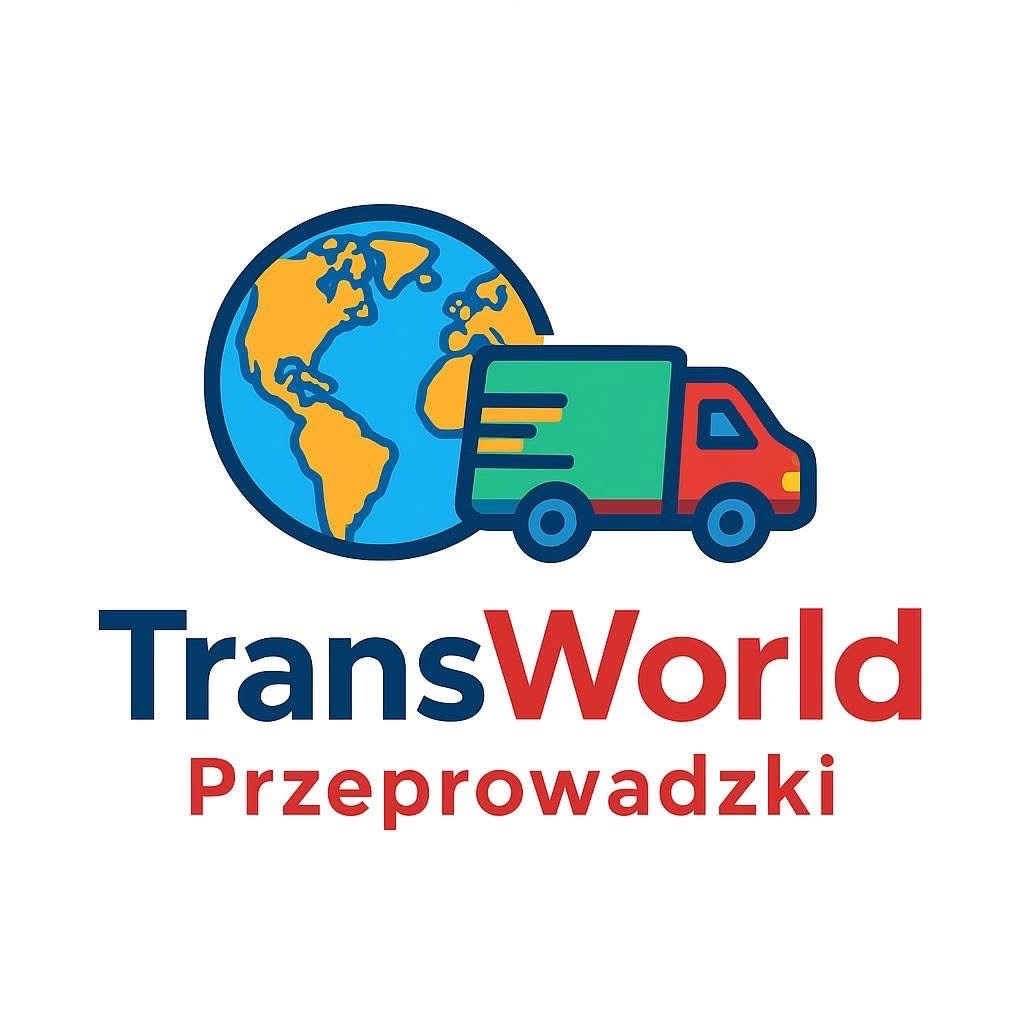 Kolorowe logo firmy TransWorld Przeprowadzki: globus z ciężarówką. Napis TransWorld w kolorze niebieskim i czerwonym, pod nim Przeprowadzki na białym tle.
