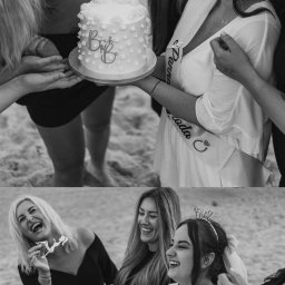 Kinga Wolska Fotografia - Czarno-białe zdjęcie z plaży przedstawia przyszłą pannę młodą z przyjaciółkami, trzymającą tort z napisem 'Bride to be' podczas wieczoru panieńskiego.