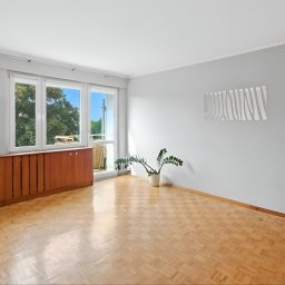 PUNKT Nieruchomości - Jasne, puste wnętrze z parkietem, drewnianą szafką pod oknem i rośliną w doniczce. Widok z okna na zieleń. Białe ściany i drzwi z szybą. Minimalistyczny design.