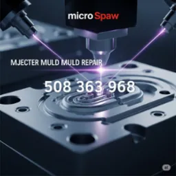 Laserowa obróbka metalu, precyzyjne spawanie form wtryskowych. Fioletowe wiązki światła skupiają się na srebrnym elemencie. Napis 'micro Spaw' i numer telefonu.