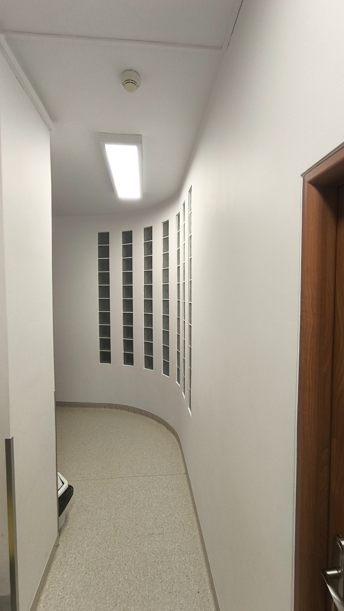 Korytarz z białymi ścianami i wnękami z luksferami. Na suficie lampa i czujnik dymu. Podłoga w odcieniach beżu. Widoczne drzwi z drewnianą ościeżnicą i metalową klamką.