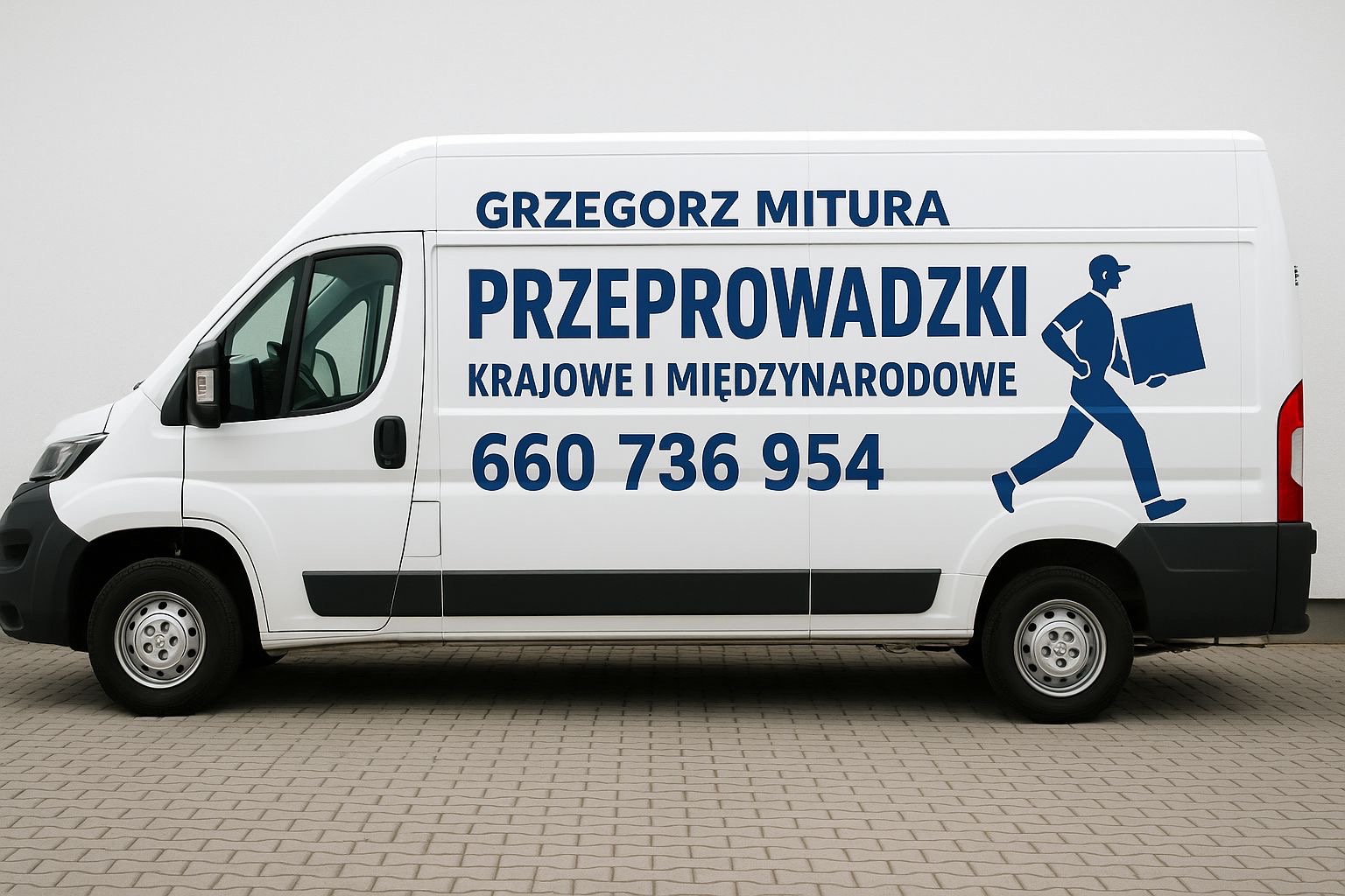 Biały bus z niebieskim napisem 'Grzegorz Mitura Przeprowadzki' i numerem telefonu, sylwetką osoby niosącej paczkę. Reklama firmy na pojeździe.
