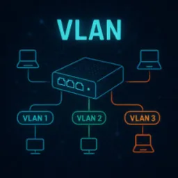 Ilustracja sieci VLAN z routerem, komputerami i oznaczeniami VLAN 1, 2 i 3 na tle ciemnoniebieskim z motywem obwodów.