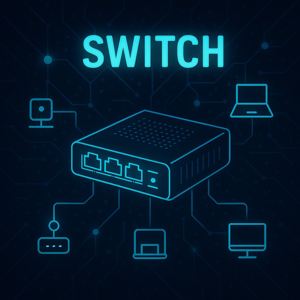 Schemat sieci komputerowej z centralnym switchem i podłączonymi urządzeniami, w neonowej stylistyce na ciemnym tle z elementami obwodów drukowanych.