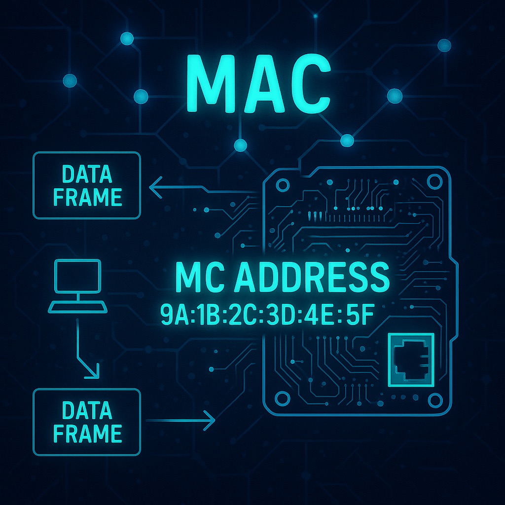 Grafika przedstawia schemat sieci komputerowej z adresem MAC, ramkami danych i symbolem komputera na ciemnoniebieskim tle z obwodami.
