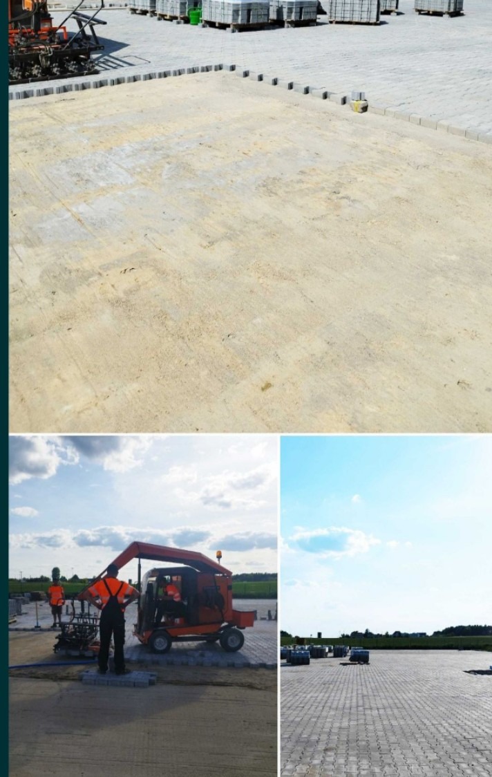 Etapy prac brukarskich: przygotowanie terenu, układanie mechaniczne oraz widok ukończonej powierzchni z kostki brukowej na rozległym placu.
