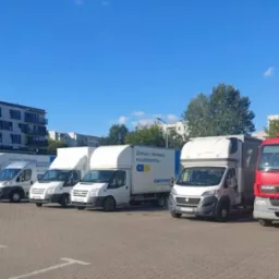 Flota pojazdów transportowych, w tym ciężarówka DAF, zaparkowana na parkingu z kostką. Na zabudowach aut reklama Castorama. Budynek mieszkalny w tle.