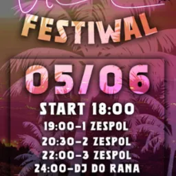 Plakat festiwalu z palmami w tle, neonowe napisy, daty występów zespołów i DJ-a, zaproszenie na wydarzenie.