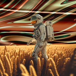 Dominik Cholewa - Astronauta w skafandrze spaceruje po polu zboża na tle abstrakcyjnego nieba. Wyjątkowa kreacja graficzna z Wschowy.