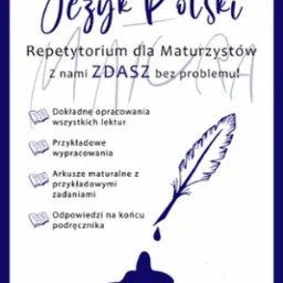 Grafika: Repetytorium z języka polskiego dla maturzystów. Ilustracje książek i pióra. Hasło: Z nami zdasz bez problemu!