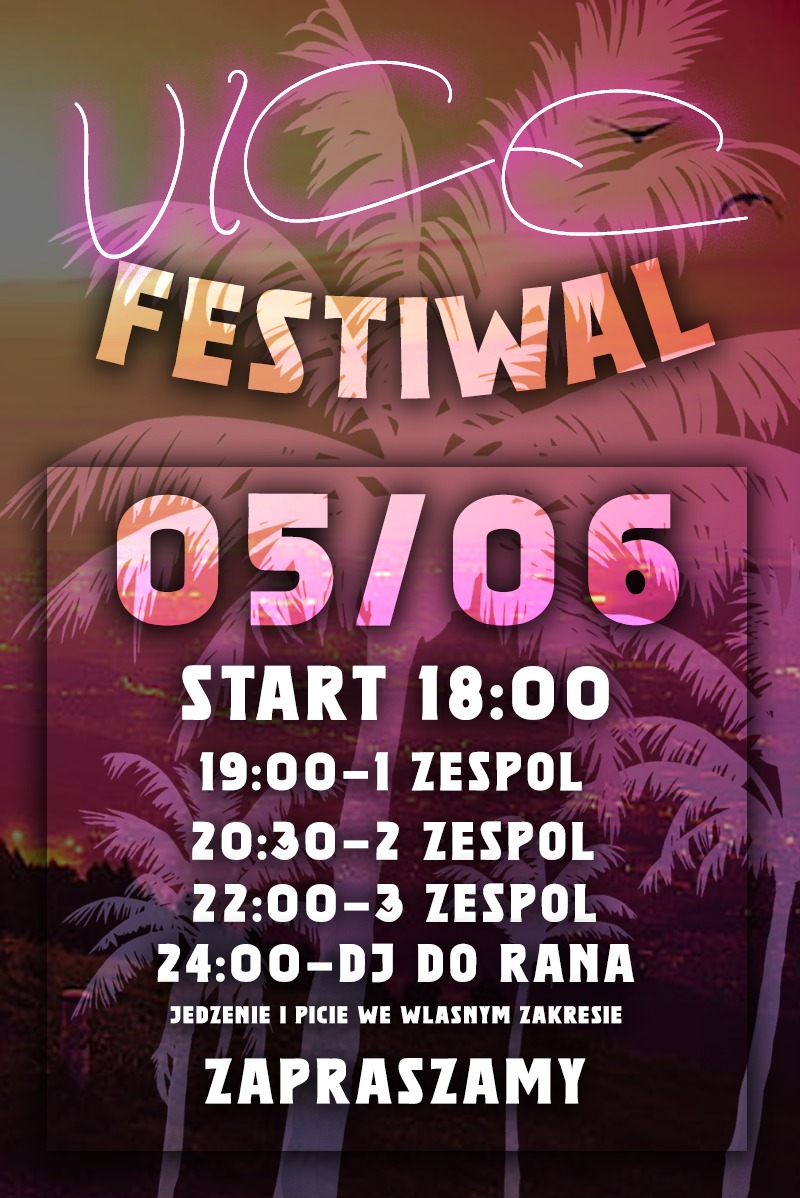 Plakat festiwalu z palmami w tle, neonowe napisy, daty występów zespołów i DJ-a, zaproszenie na wydarzenie.