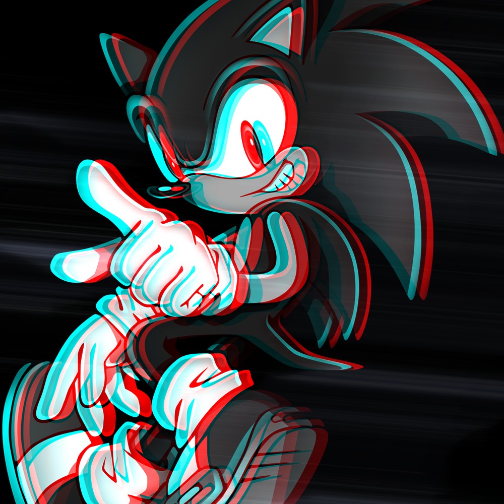 Cyfrowa ilustracja postaci w stylu 3D z efektem anaglifu, ukazująca dynamiczną pozę i ekspresję. Czarno-biała kolorystyka z czerwono-cyjanowymi akcentami.